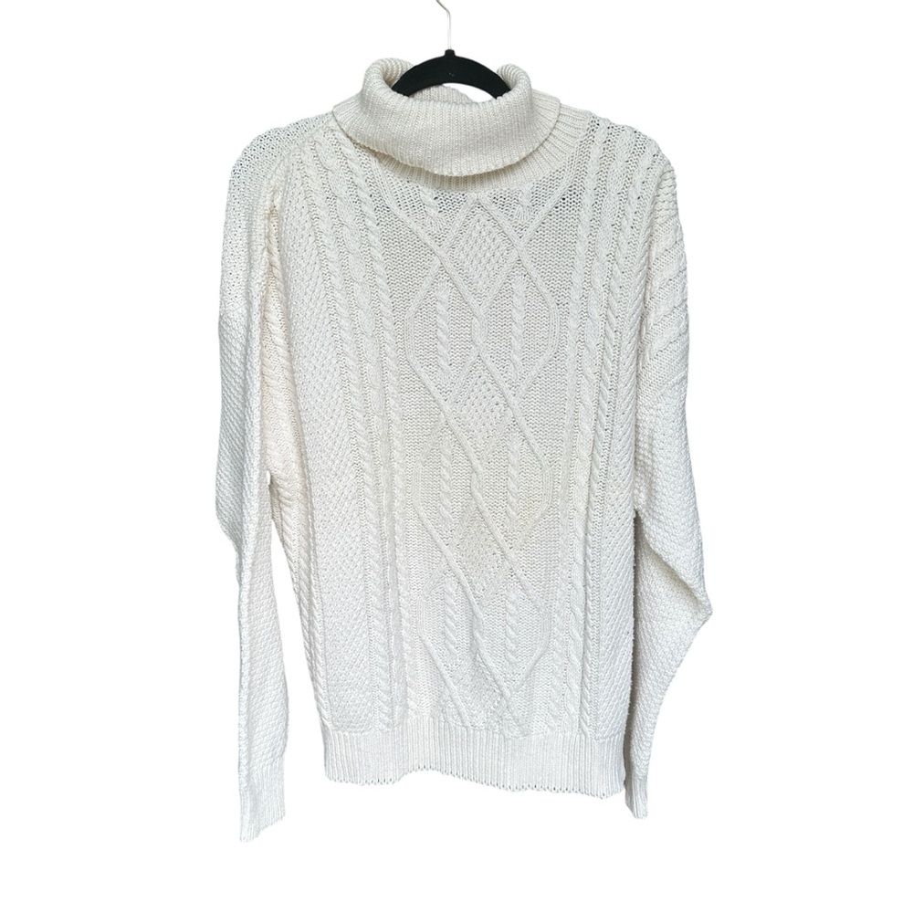 Vintage‎ 90s Fisherman Style Cable Knit Turtleneck Sweater Ivory Cotton USA L